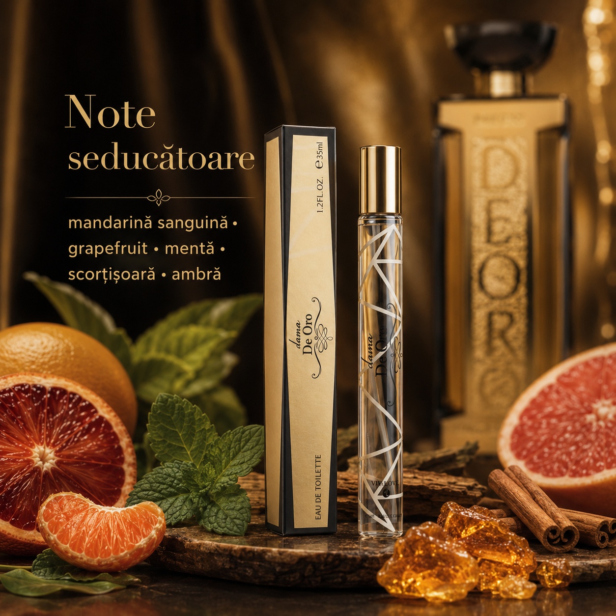 De Oro 35 ml note seducătoare de mandarină s&acirc;ngerie, grapefruit, mentă, scorțișoară și ambră