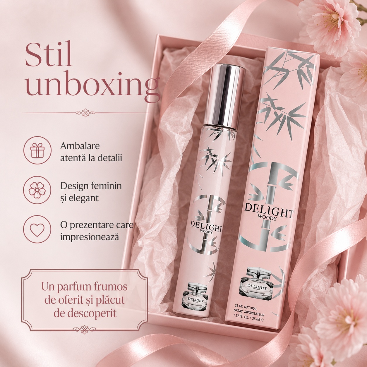 Stil unboxing Delight Woody 35 ml ambalare atentă la detalii design feminin și elegant