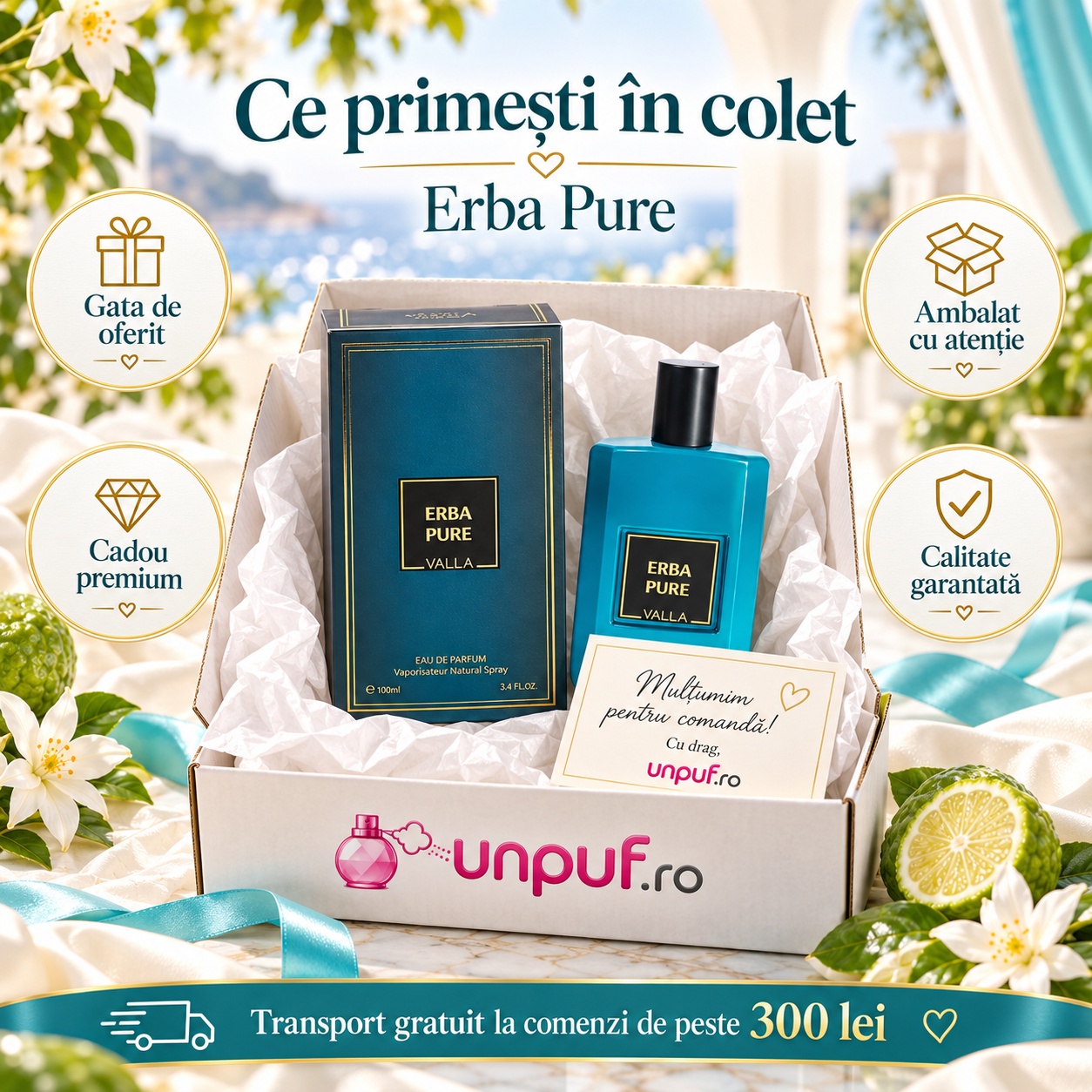 Ce primești în colet Erba Pure Yalla Eau de Parfum 50 ml parfum citric fructat ambalat premium pentru cadou