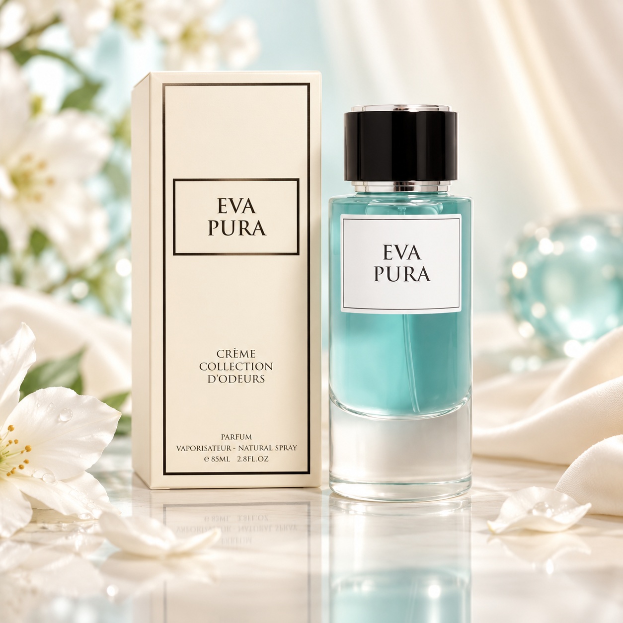 Eva Pura AMD Perfumes Eau de Parfum 85 ml parfum inspirat de Kirke cu flacon turcoaz și cutie crem