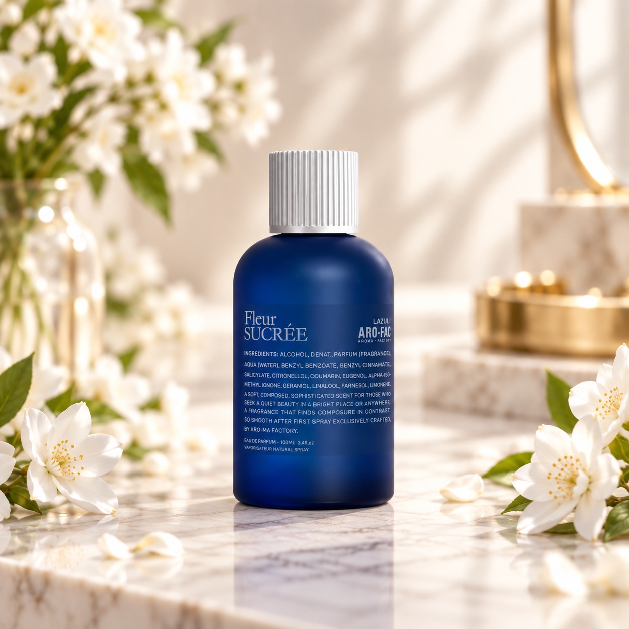 Flacon Fleur Sucree Aro-Fac Lazuli parfum damă 100 ml cu sticlă albastră mată și capac argintiu