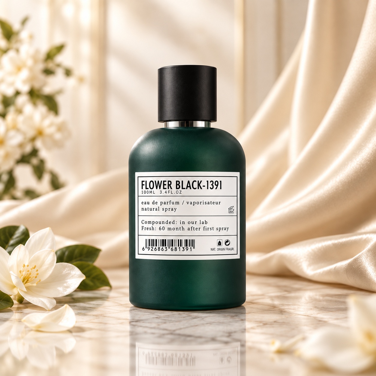 Flacon Flower Black Aro-Fac parfum damă 100 ml cu sticlă verde mată și capac negru