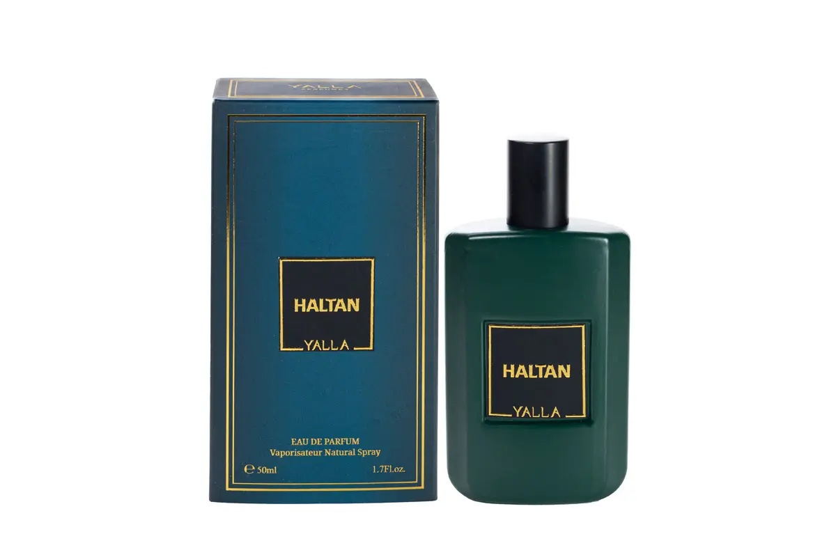 Haltan Yalla Eau de Parfum 50 ml cu sticlă și cutie pe fundal alb