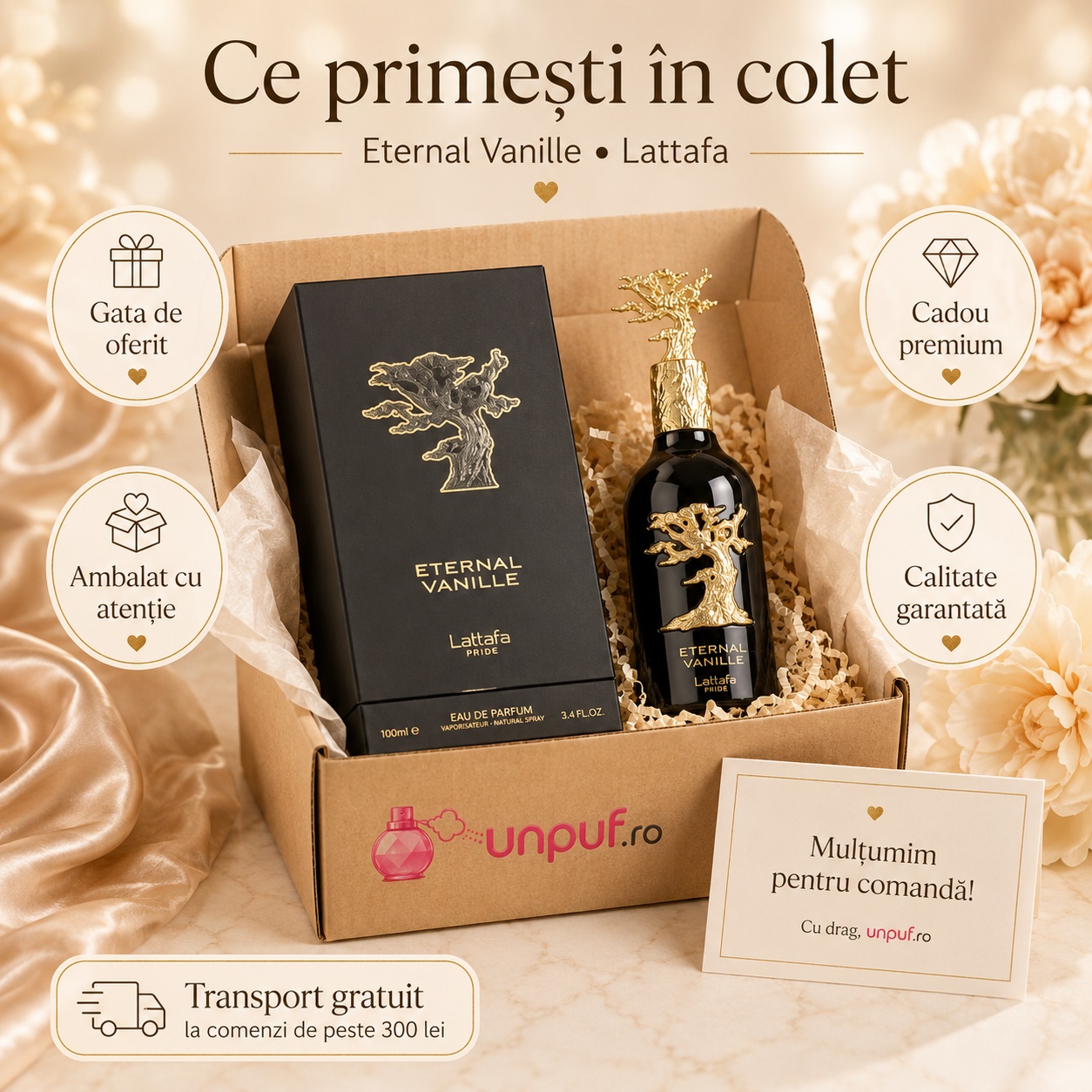 Ce primești în colet Lattafa Eternal Vanille 100 ml parfum arăbesc unisex ambalat cu atenție gata de oferit cadou