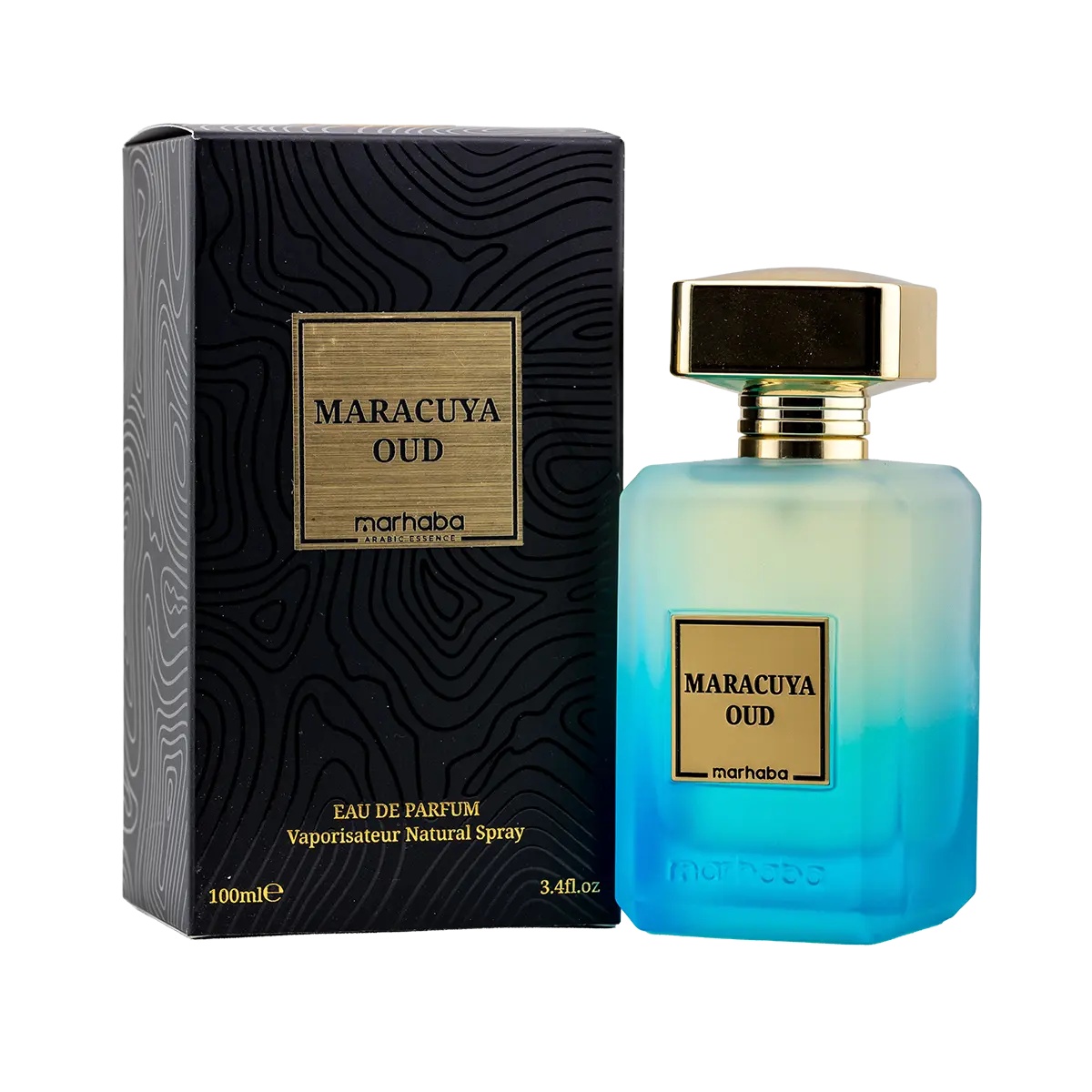 Maracuya Oud Marhaba Eau de Parfum 100 ml cu sticla si cutie pe fundal alb