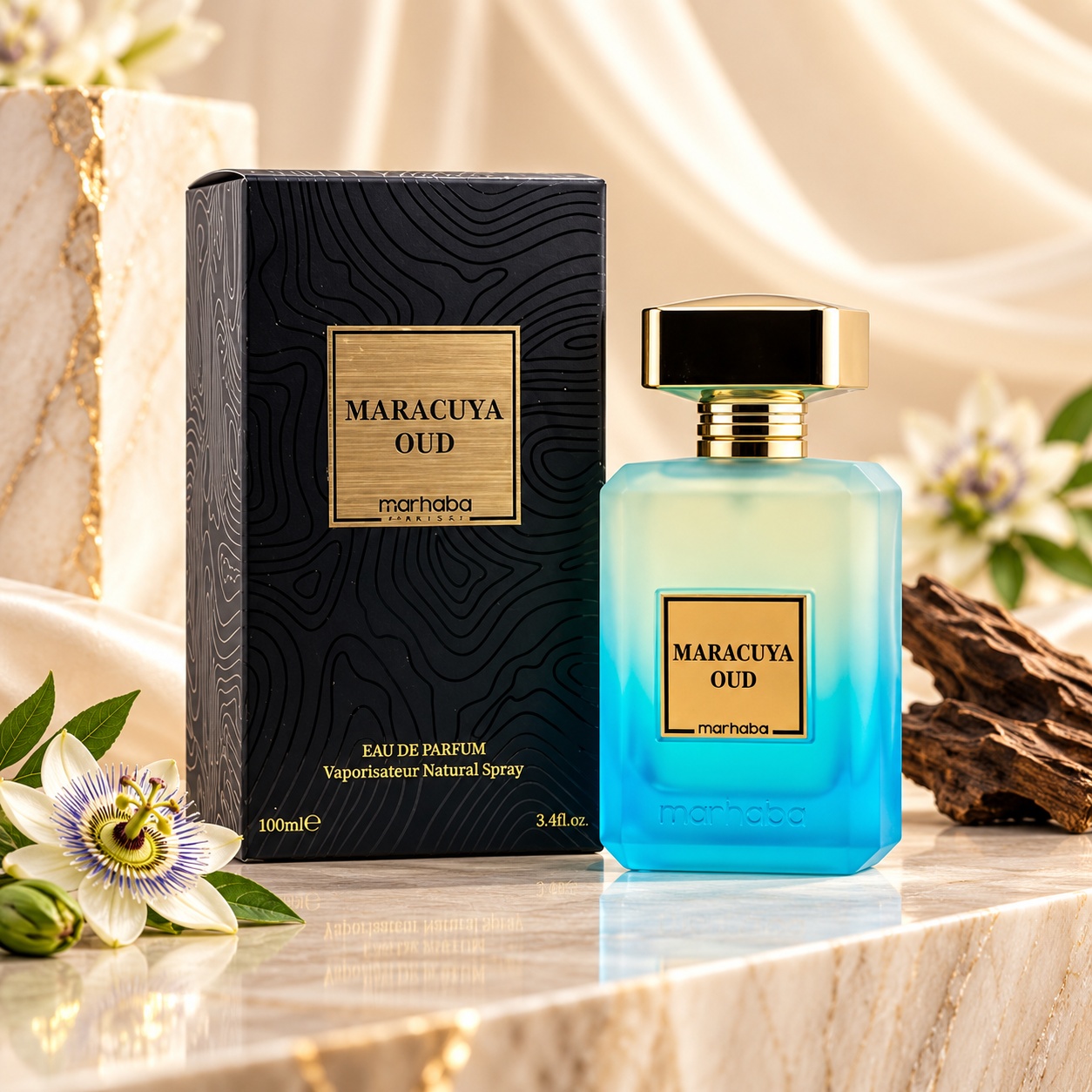 Maracuya Oud Marhaba Eau de Parfum 100 ml parfum unisex inspirat de Oud Maracuja cu flacon turcoaz si cutie neagra premium