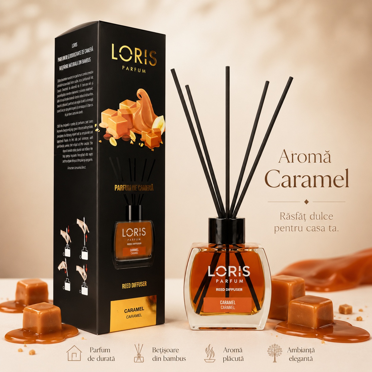 Odorizant de cameră cu bețișoare parfumate Loris Caramel 120 ml esență caramel