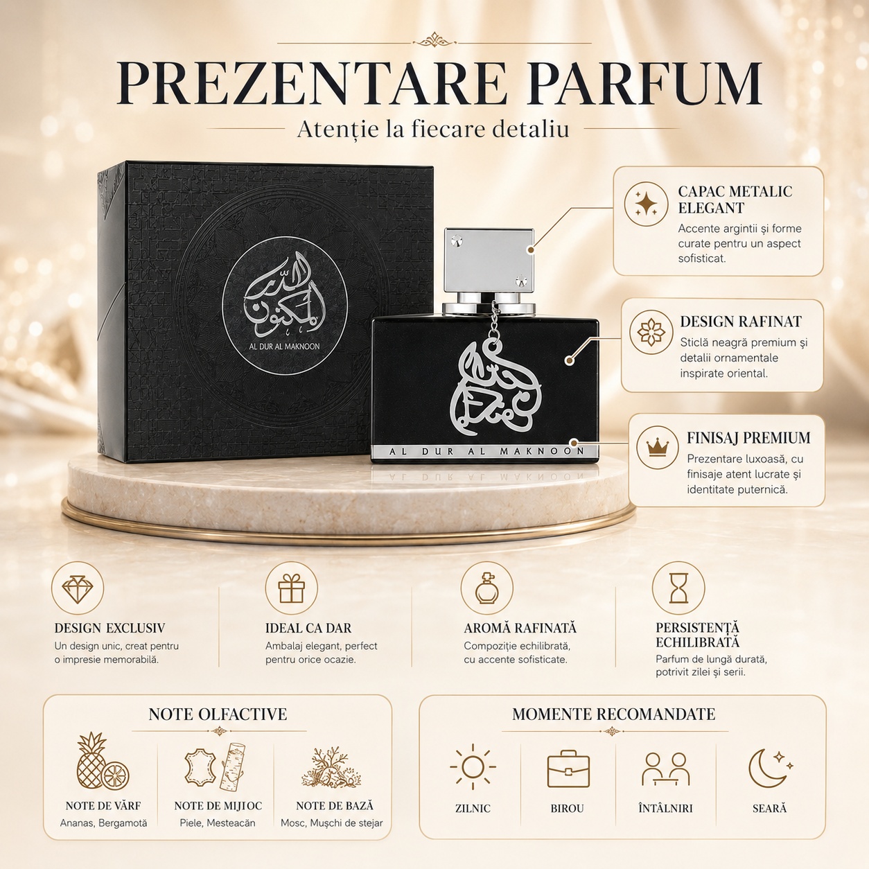 Prezentare parfum Al Dur Al Maknoon Silver Lattafa cu note olfactive ananas bergamotă piele mesteacăn mosc și mușchi de stejar