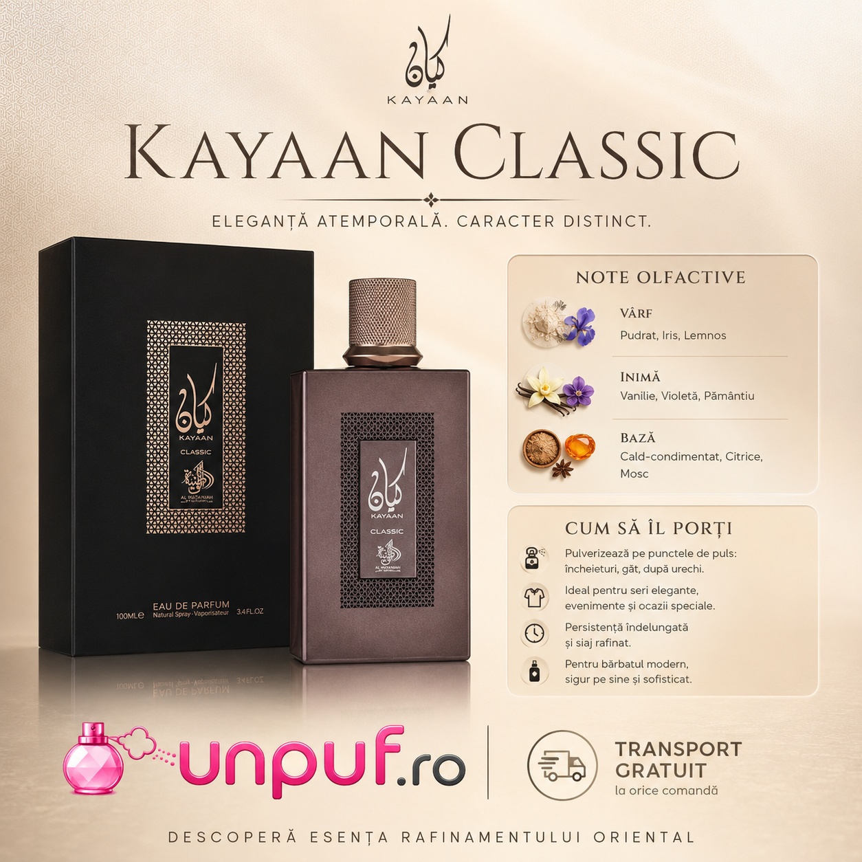 Kayaan Classic note olfactive și ghid de utilizare, parfum pudrat cu iris, vanilie, citrice, lemn și mosc