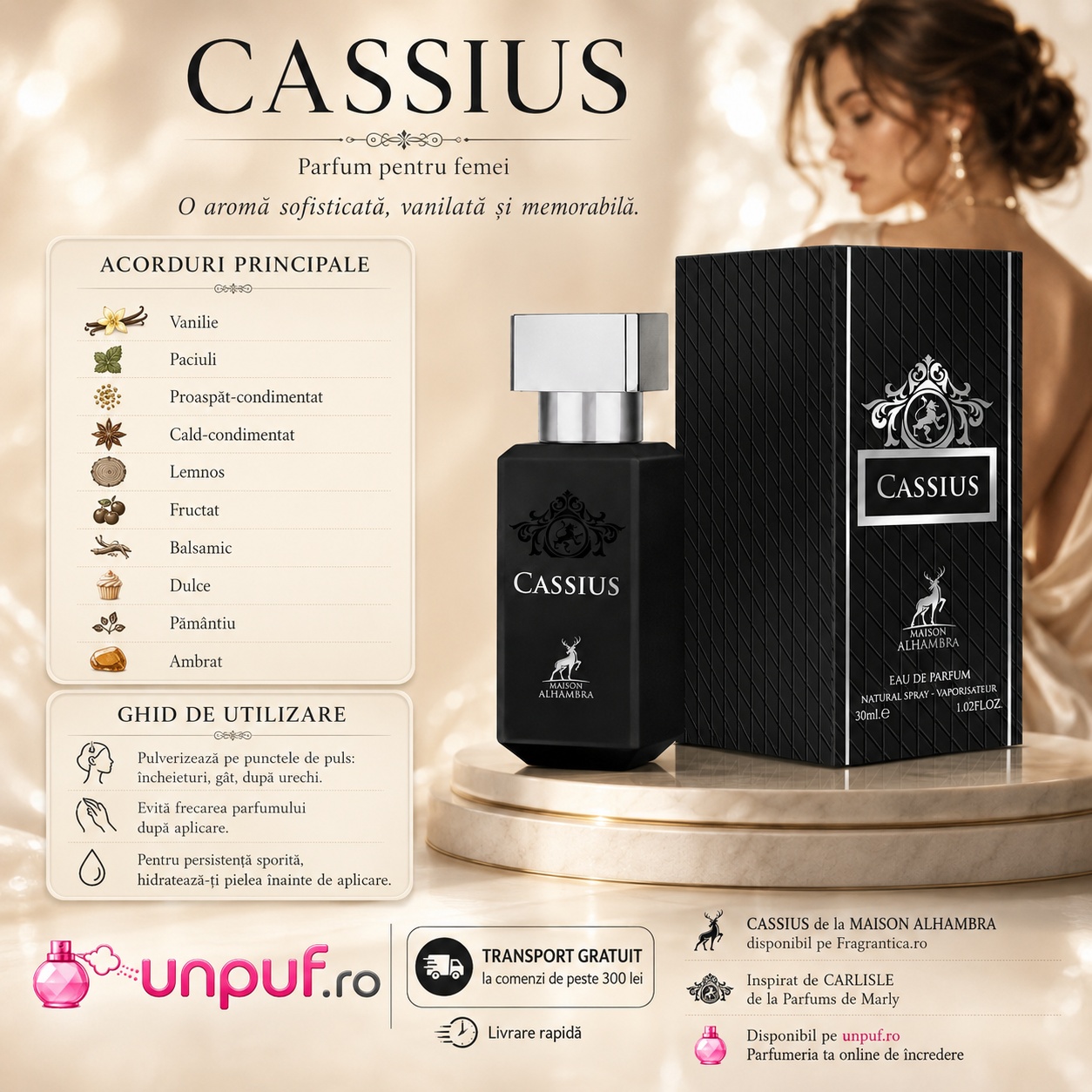 Alhambra Cassius ghid de utilizare parfum oriental modern cu vanilie condimente note lemnoase și ambră