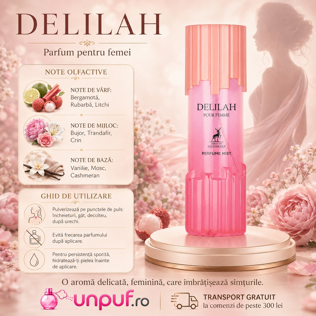 Delilah Pour Femme Body Mist note olfactive și ghid de utilizare cu bergamotă, rubarbă, litchi, bujor, trandafir, crin, vanilie, mosc și cashmeran