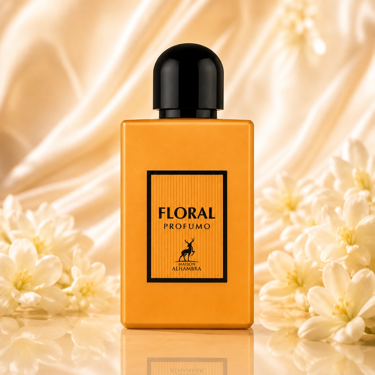 Sticlă Parfum Alhambra Floral Profumo Maison Alhambra 100 ml pe fundal floral luminos premium