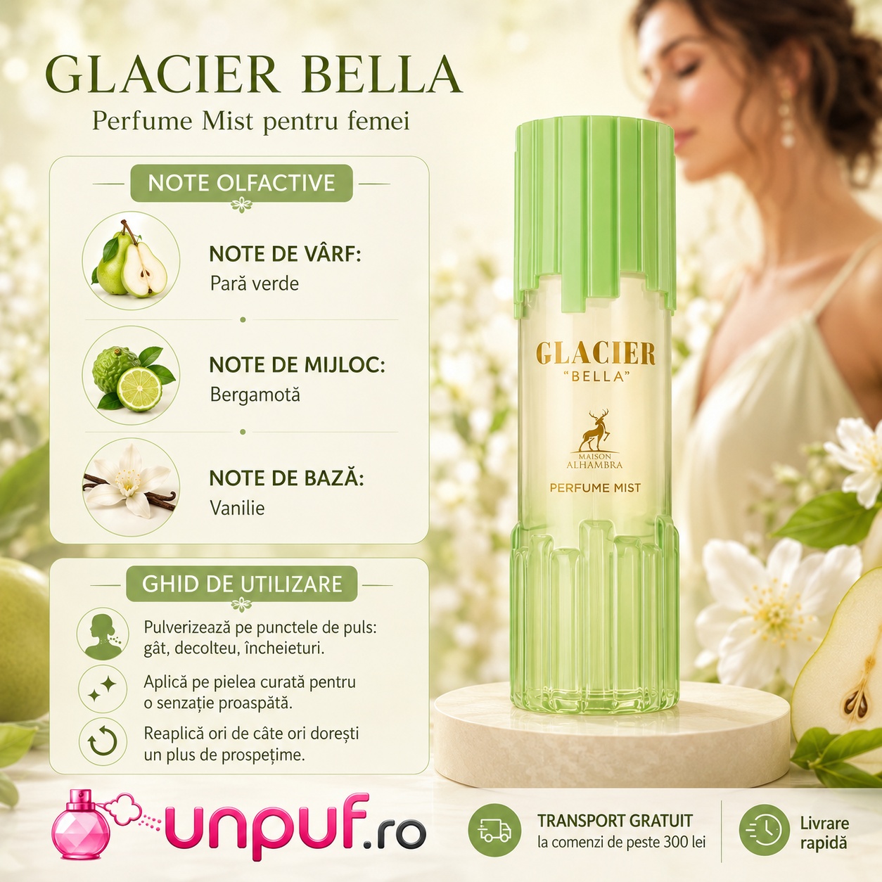 Glacier Bella Body Mist note olfactive și ghid de utilizare cu pară verde, bergamotă și vanilie
