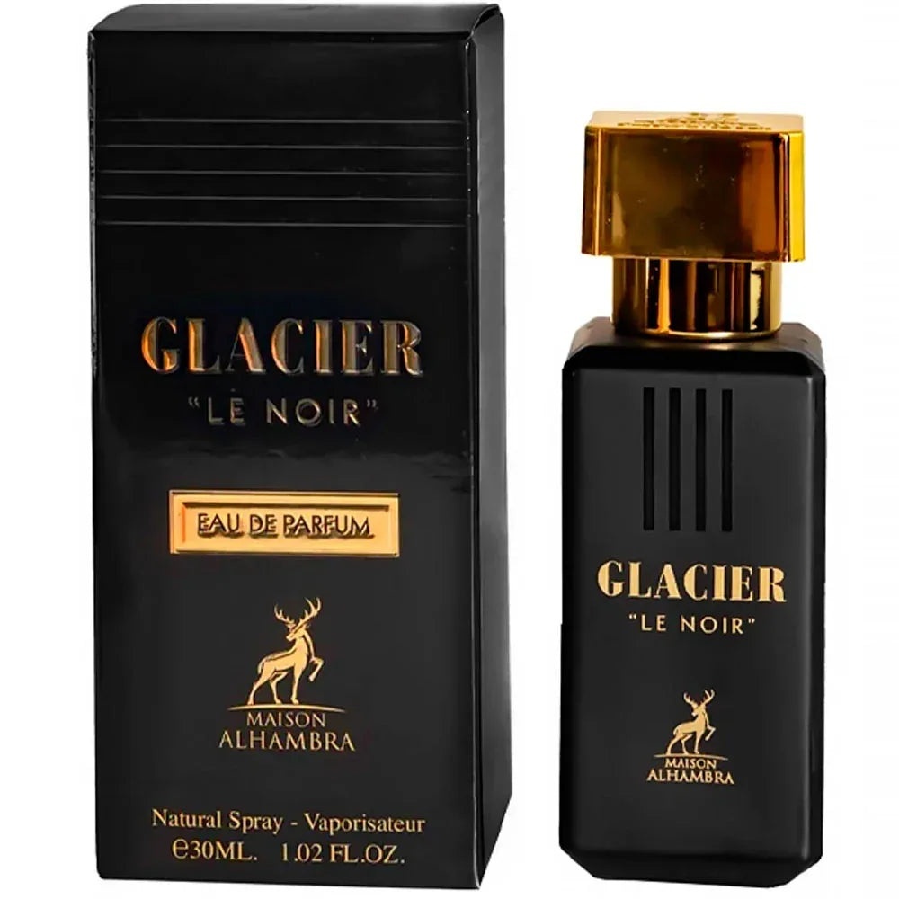 Parfum Alhambra Glacier Le Noir Maison Alhambra 30 ml sticlă și cutie pe fundal alb