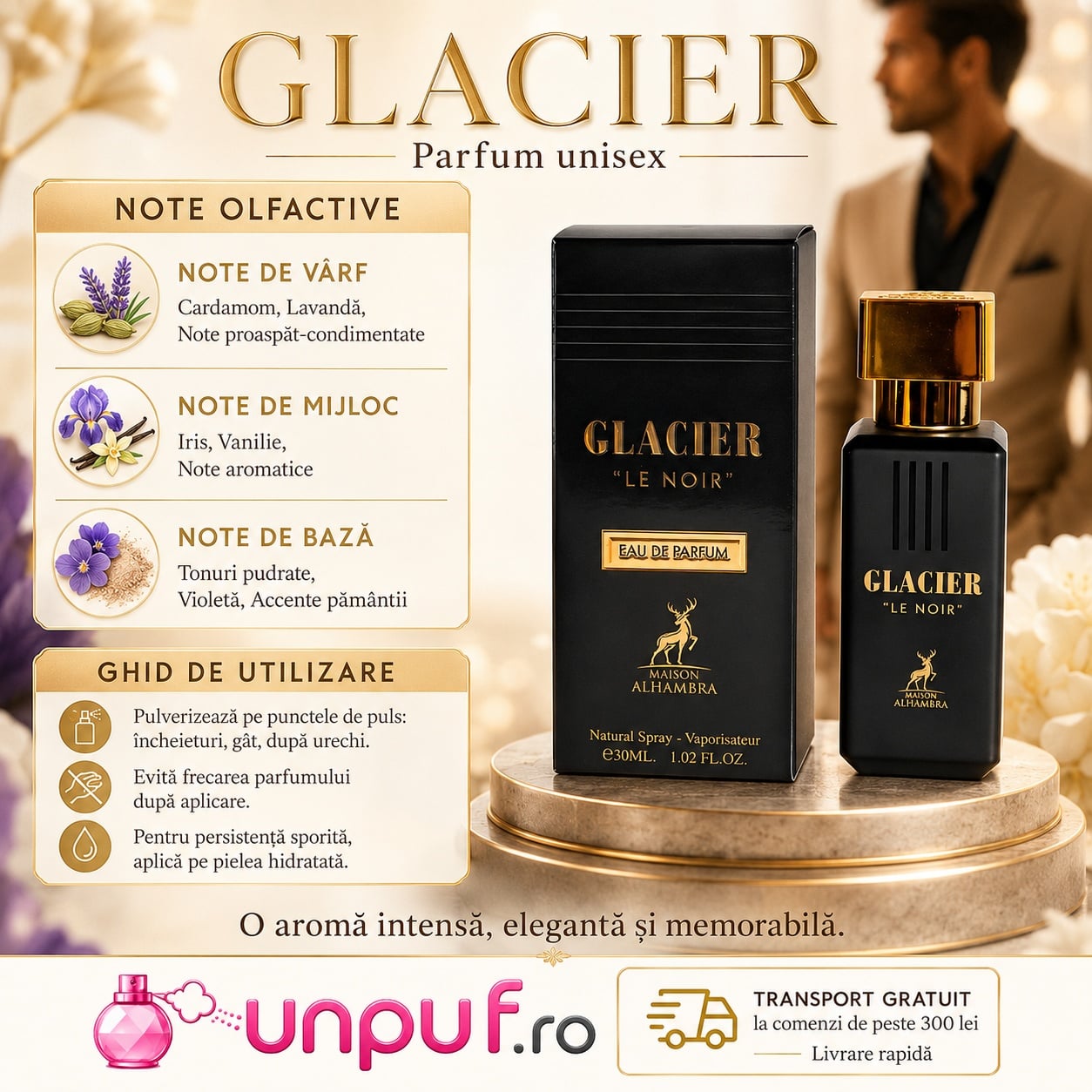 Prezentare parfum Alhambra Glacier Le Noir Maison Alhambra 30 ml cu note olfactive și ghid de utilizare