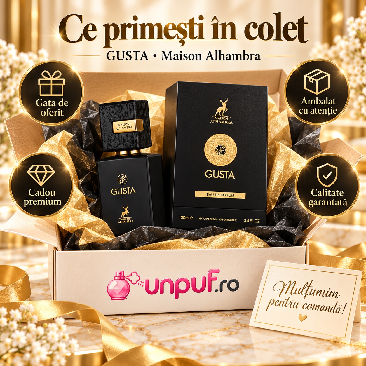 Ce primești în colet Alhambra Gusta Eau de Parfum 100 ml ambalat premium pentru cadou