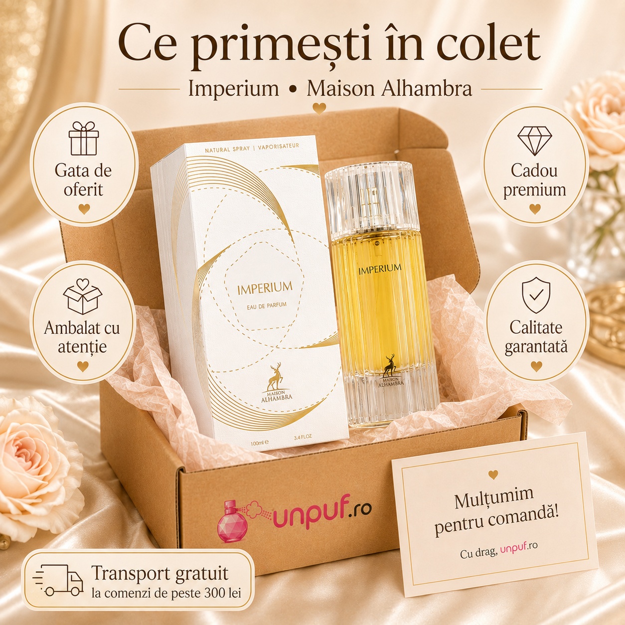 Ce primești &icirc;n colet Parfum Alhambra Imperium Maison Alhambra 100 ml ambalat cu atenție
