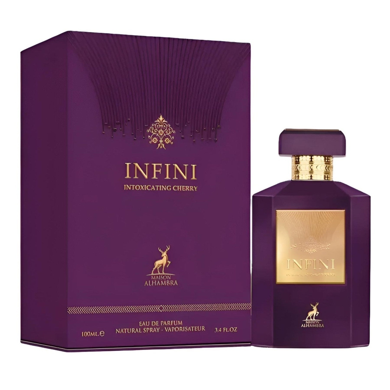 Parfum Alhambra Infini Intoxicating Cherry Maison Alhambra 100 ml sticlă și cutie pe fundal alb