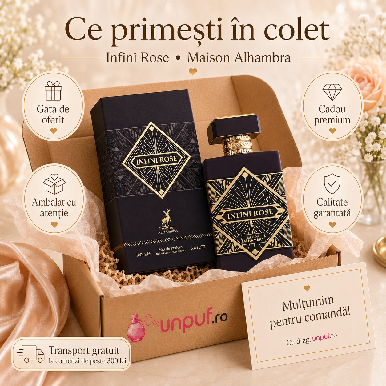 Ce primești &icirc;n colet Parfum Alhambra Infini Rose Maison Alhambra 100 ml ambalat cu atenție