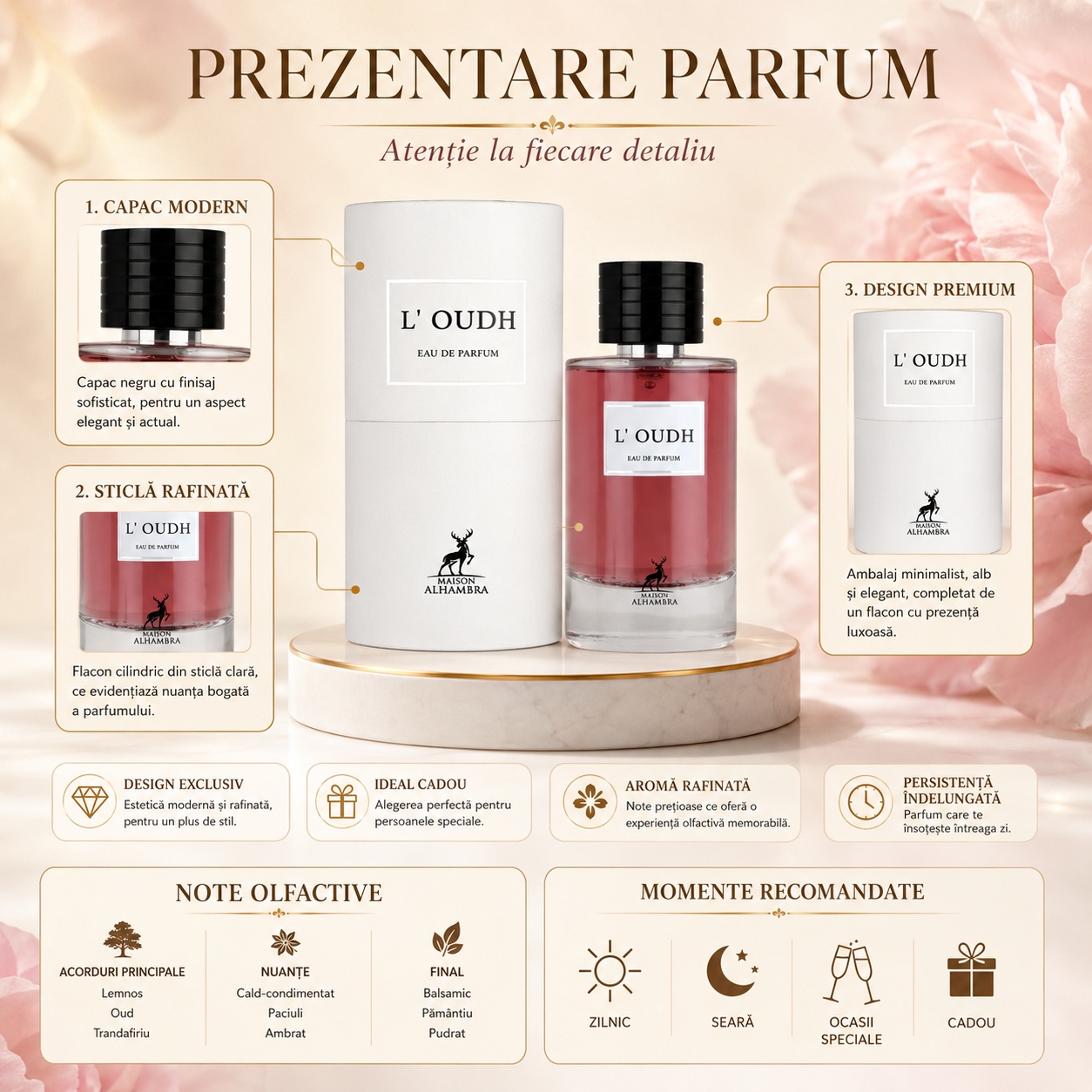 Alhambra L&rsquo;Oudh note olfactive bergamotă piper roz șofran trandafir oud patchouli ambră mosc