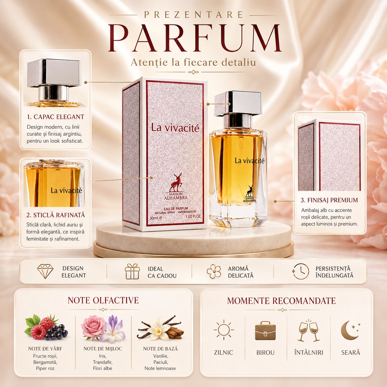 Prezentare parfum Alhambra La Vivacite cu capac elegant, sticlă rafinată, ambalaj premium, note olfactive și momente recomandate