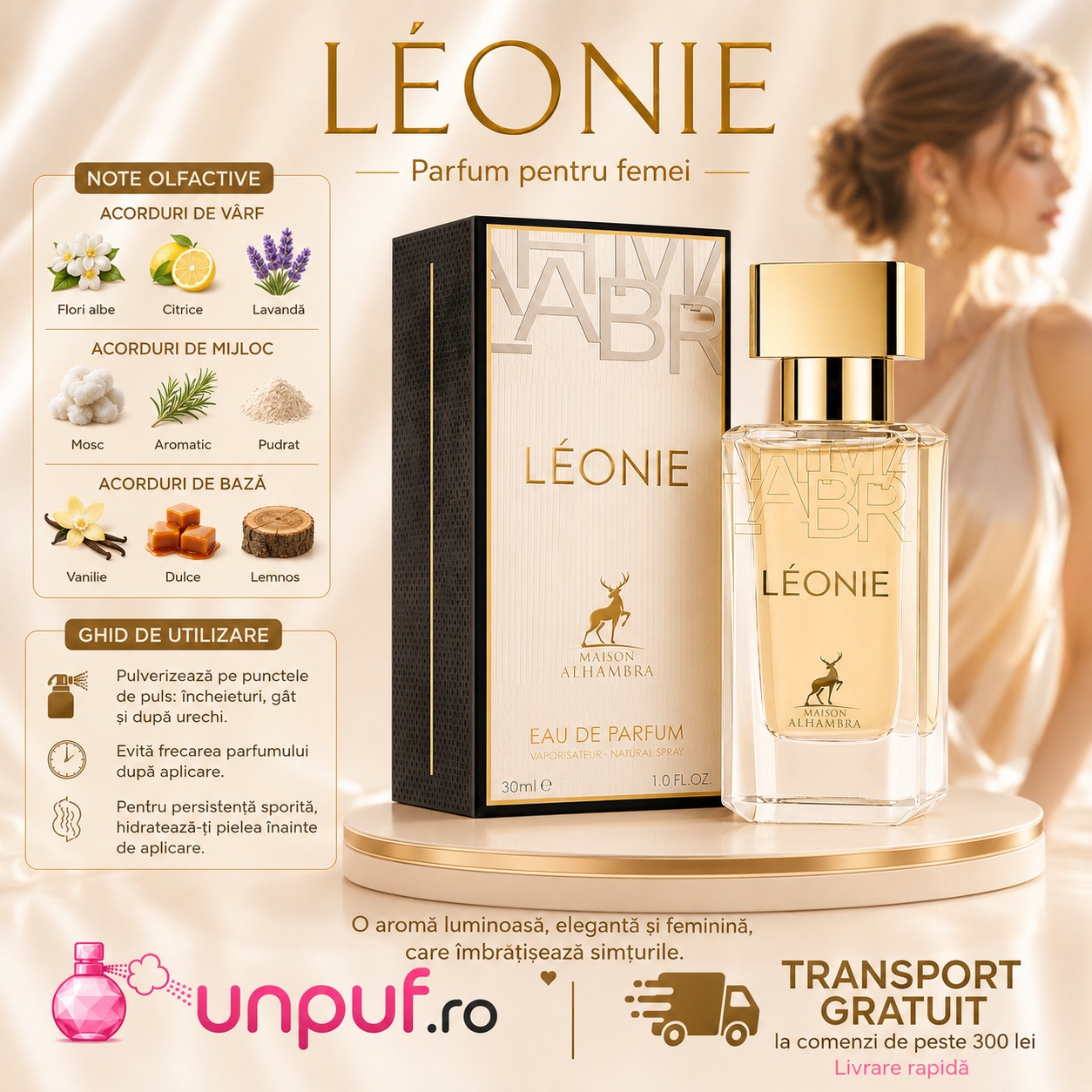 Note olfactive și ghid de utilizare Alhambra Leonie cu flori albe, citrice, lavandă, mosc, vanilie și note lemnoase