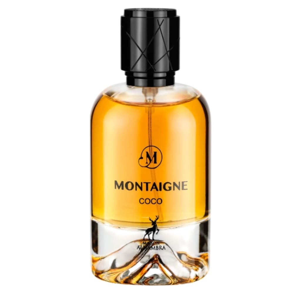 Sticlă reală Alhambra Montaigne Coco 100 ml cu lichid auriu și capac negru