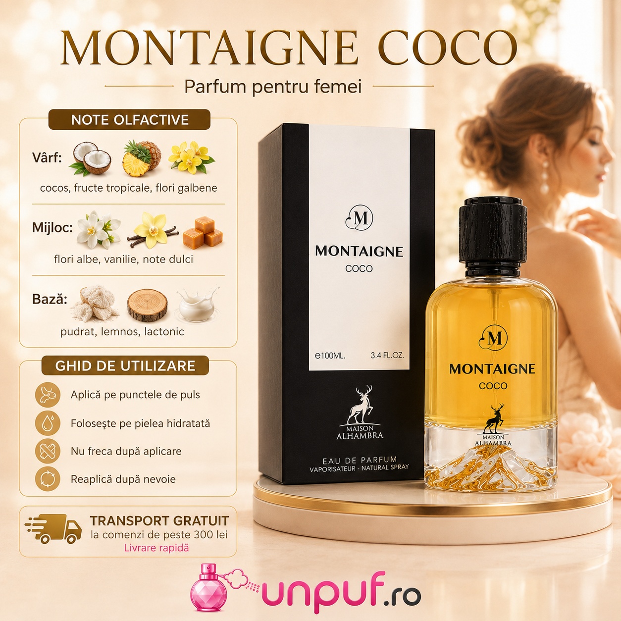 Note olfactive Alhambra Montaigne Coco cu cocos, fructe tropicale, flori albe, vanilie, note dulci, pudrate, lemnoase și lactonice