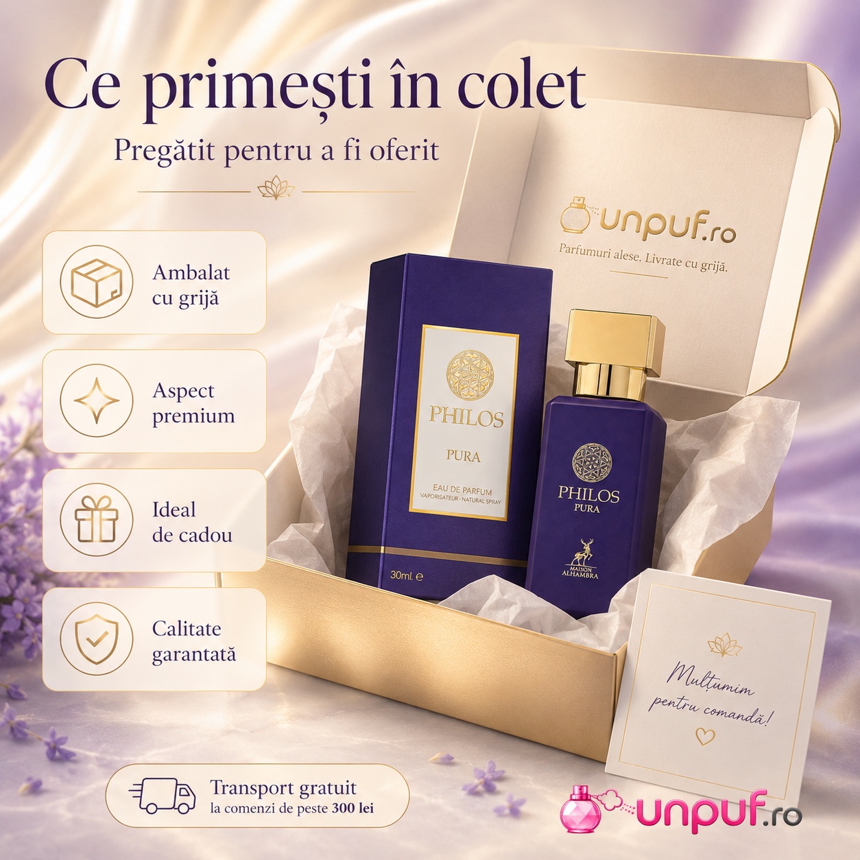 Colet parfum Alhambra Philos Pura ambalat cu atenție, gata de oferit cadou premium