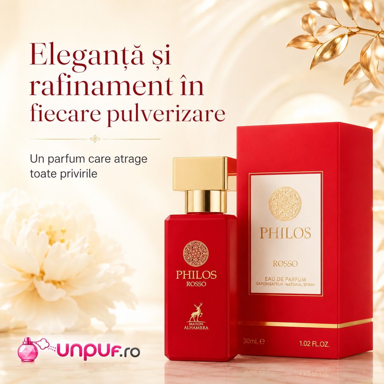 Parfum Alhambra Philos Rosso Maison Alhambra cu profil premium și prezentare elegantă roșie aurie