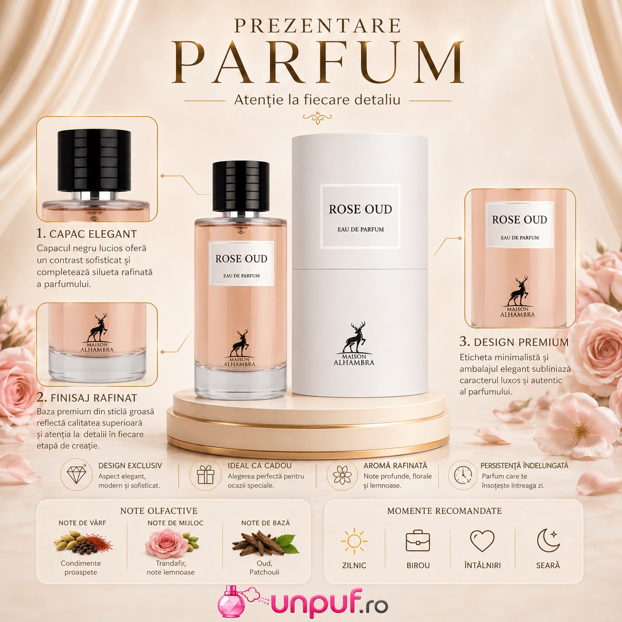 Prezentare parfum Alhambra Rose Oud cu flacon, cutie premium, note olfactive și momente recomandate