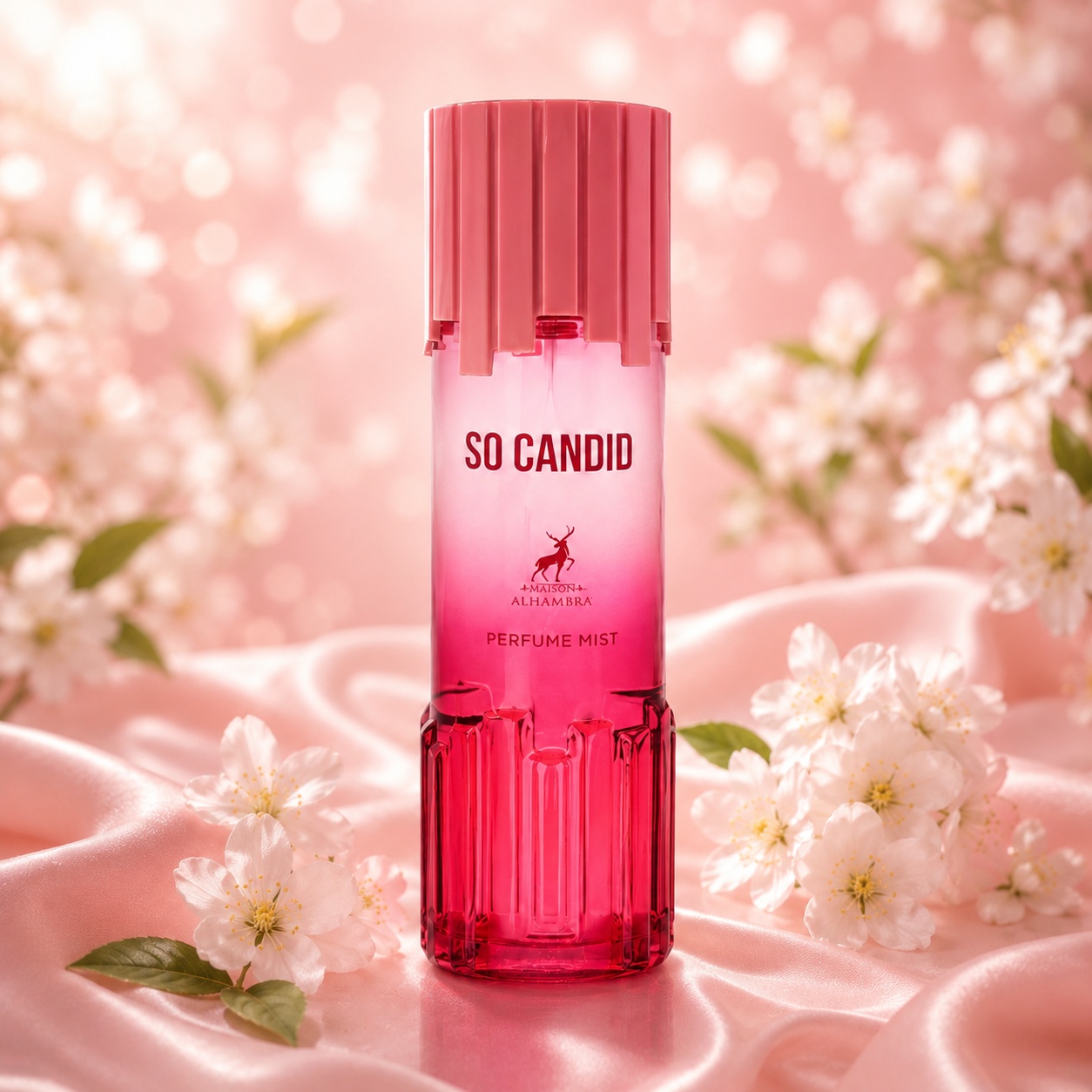 Alhambra So Candid Body Mist 250ml, spray parfumat de damă roz cu flori albe și fundal delicat
