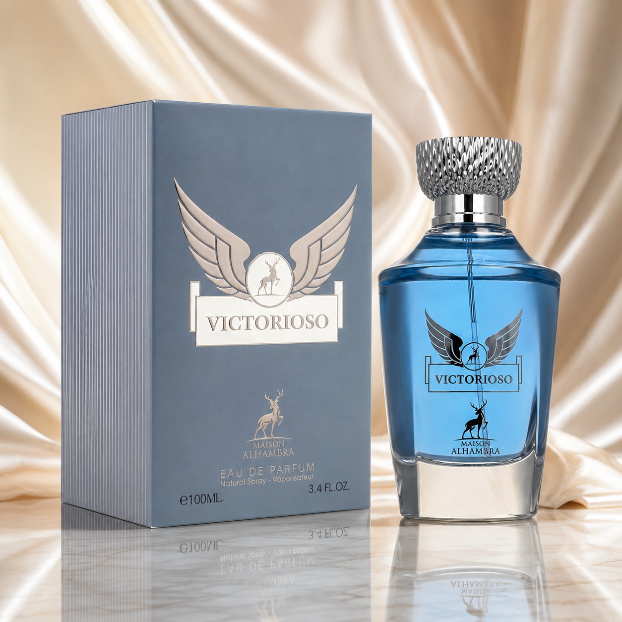 Parfum Arăbesc Alhambra Victorioso Maison Alhambra 100 ml cu sticlă albastră și cutie premium