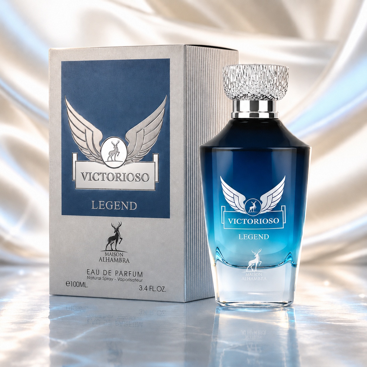 Parfum Arăbesc Alhambra Victorioso Myth Maison Alhambra 100 ml cu sticlă albastră și cutie argintie premium