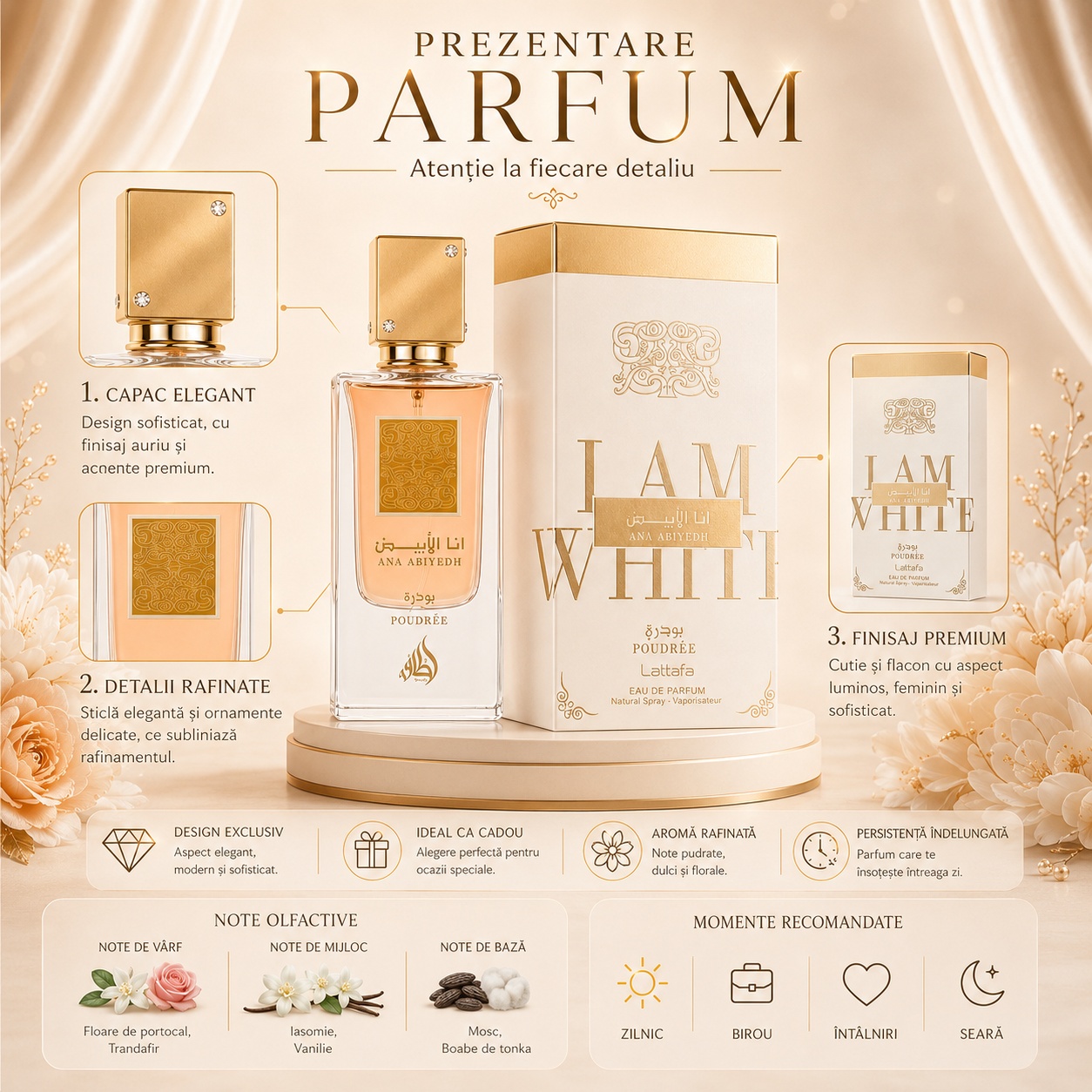 Prezentare parfum Ana Abiyedh Poudree Lattafa cu detalii flacon, note olfactive și momente recomandate