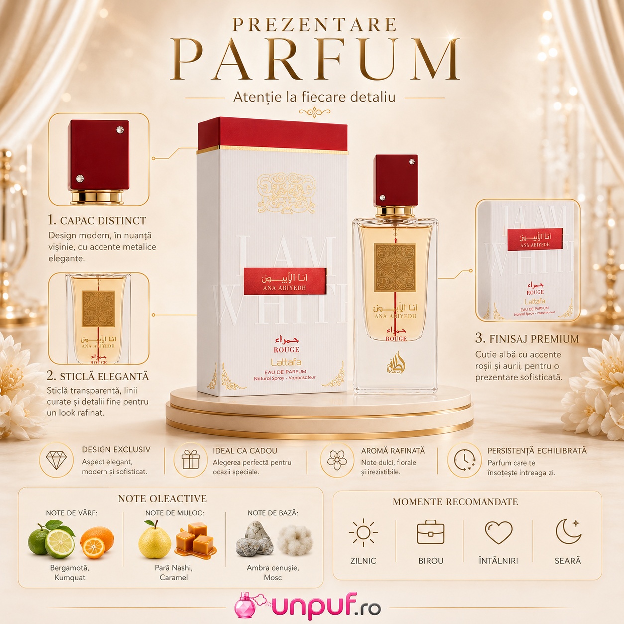 Prezentare parfum Ana Abiyedh Rouge Lattafa cu note olfactive bergamotă pară caramel ambră și mosc