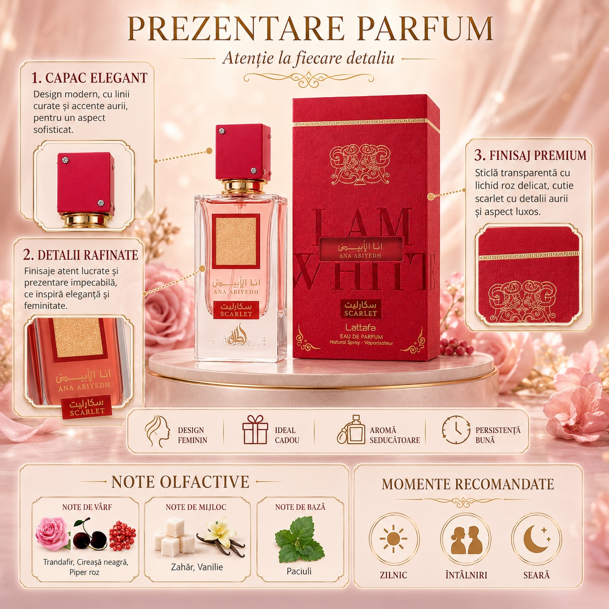 Prezentare parfum Ana Abiyedh Scarlet Lattafa cu note olfactive cireașă neagră piper roz trandafir alb zahăr vanilie și paciuli