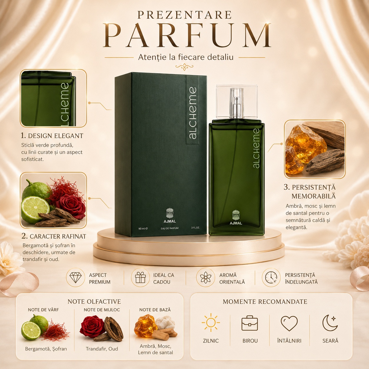 Prezentare parfum Ajmal Alcheme cu design elegant, note olfactive și beneficii premium