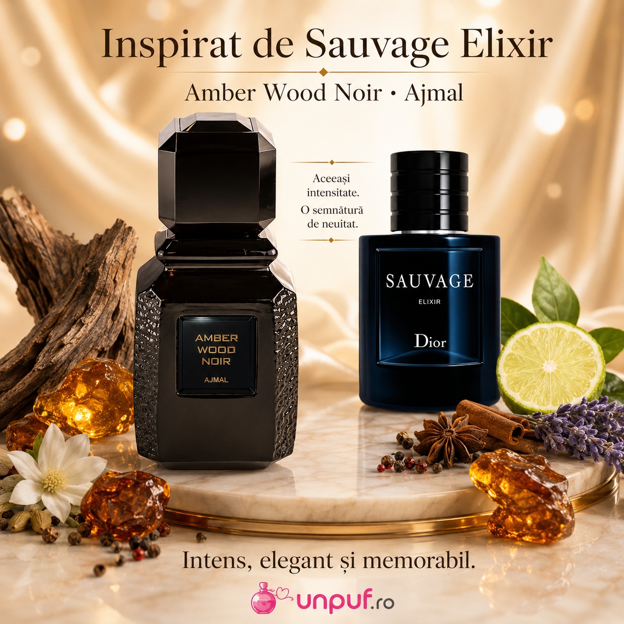 Ajmal Amber Wood Noir direcție vizuală Sauvage Elixir, parfum intens elegant și memorabil