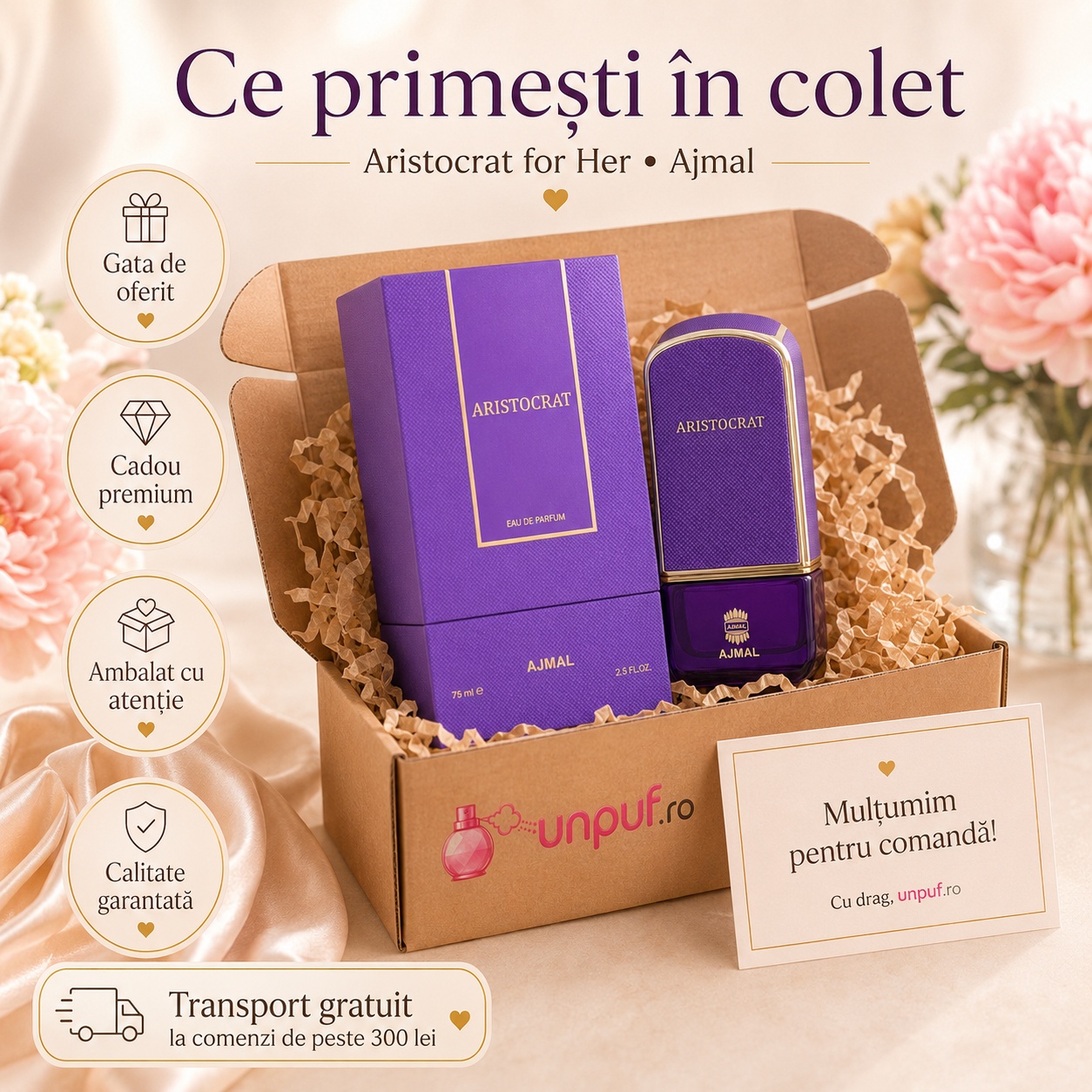 Ce primești în colet Ajmal Aristocrat Her 75 ml, produs sigilat, ambalare premium și transport gratuit peste 300 lei