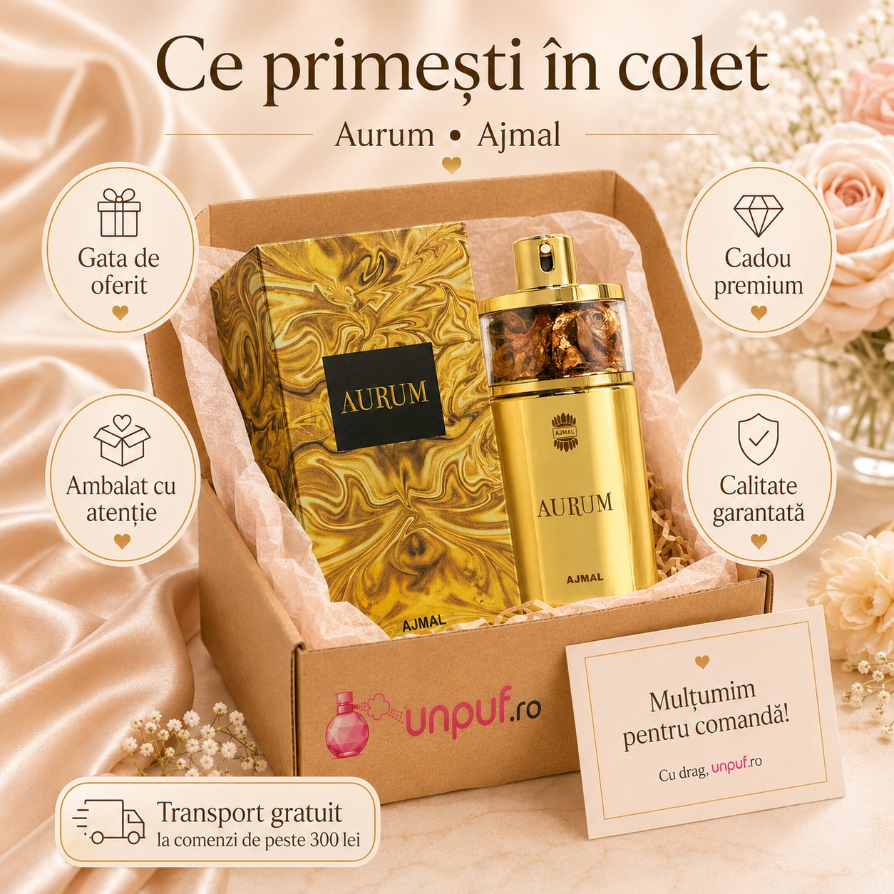 Ce primești în colet Ajmal Aurum 75 ml, parfum original ambalat cu atenție și pregătit pentru cadou