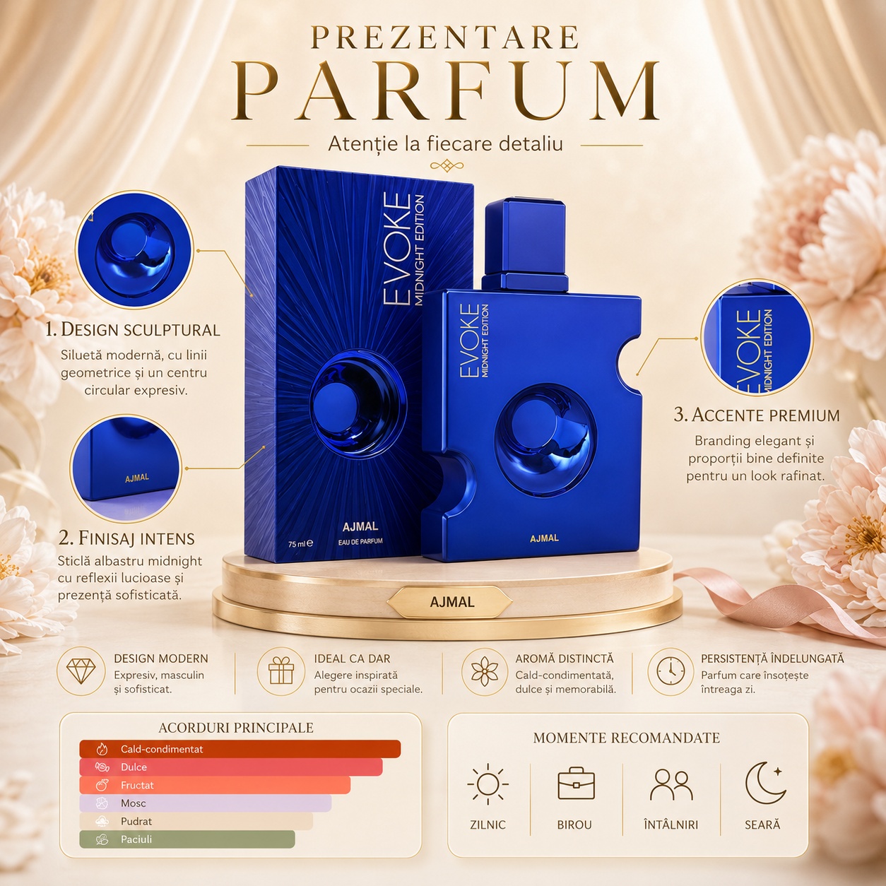 Prezentare parfum Ajmal Evoke Midnight Edition Her cu design sculptural, finisaj intens și acorduri principale