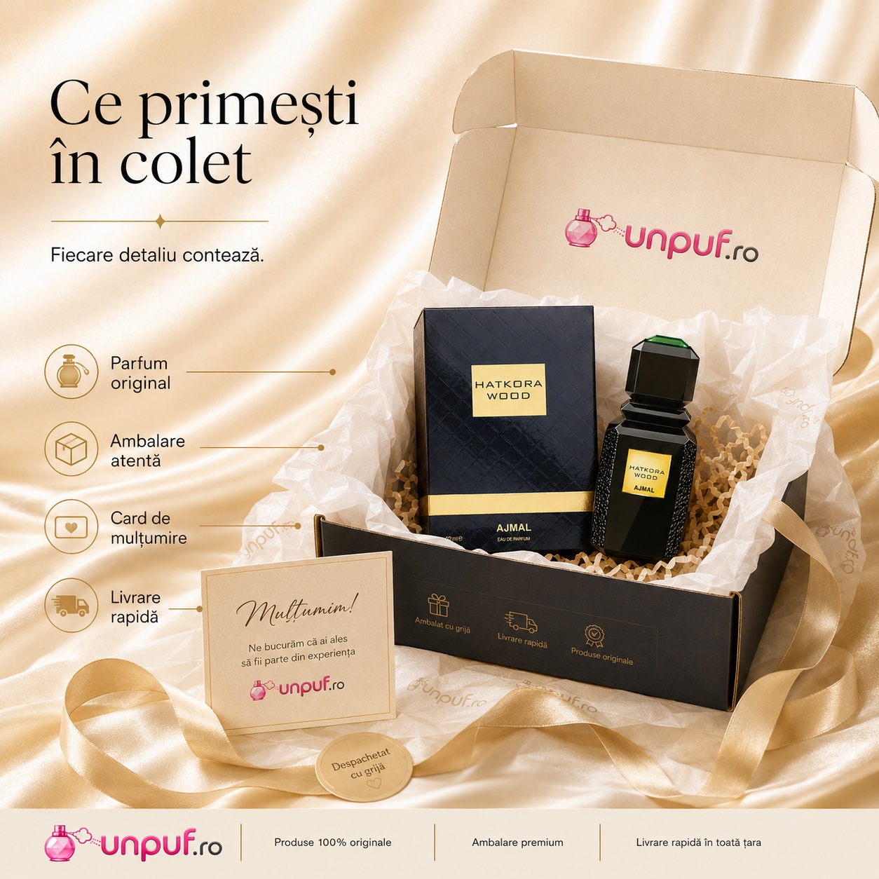 Ce primești în colet Ajmal Hatkora Wood 100 ml, produs original, ambalare atentă, card de mulțumire și livrare rapidă