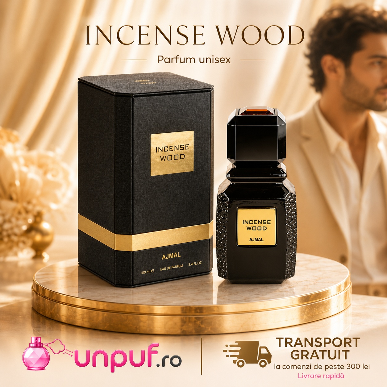 Ajmal Incense Wood parfum unisex cu prezentare premium, flacon negru și cutie elegantă