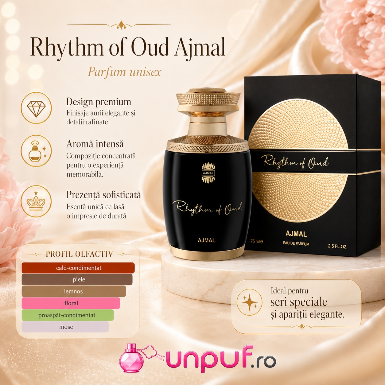 Ajmal Rhythm Of Oud profil olfactiv cald condimentat, piele, lemnos, floral, mosc și paciuli