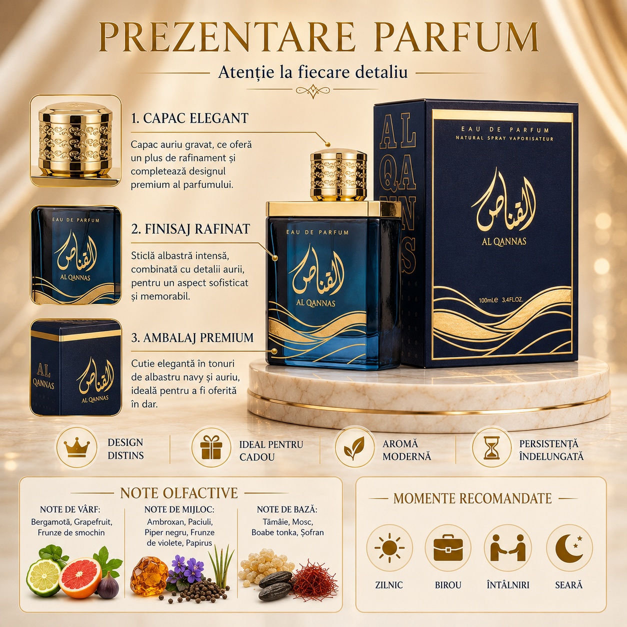 Prezentare parfum Al Qannas Ard Al Zaafaran cu detalii capac elegant, finisaj rafinat, ambalaj premium, note olfactive și momente recomandate