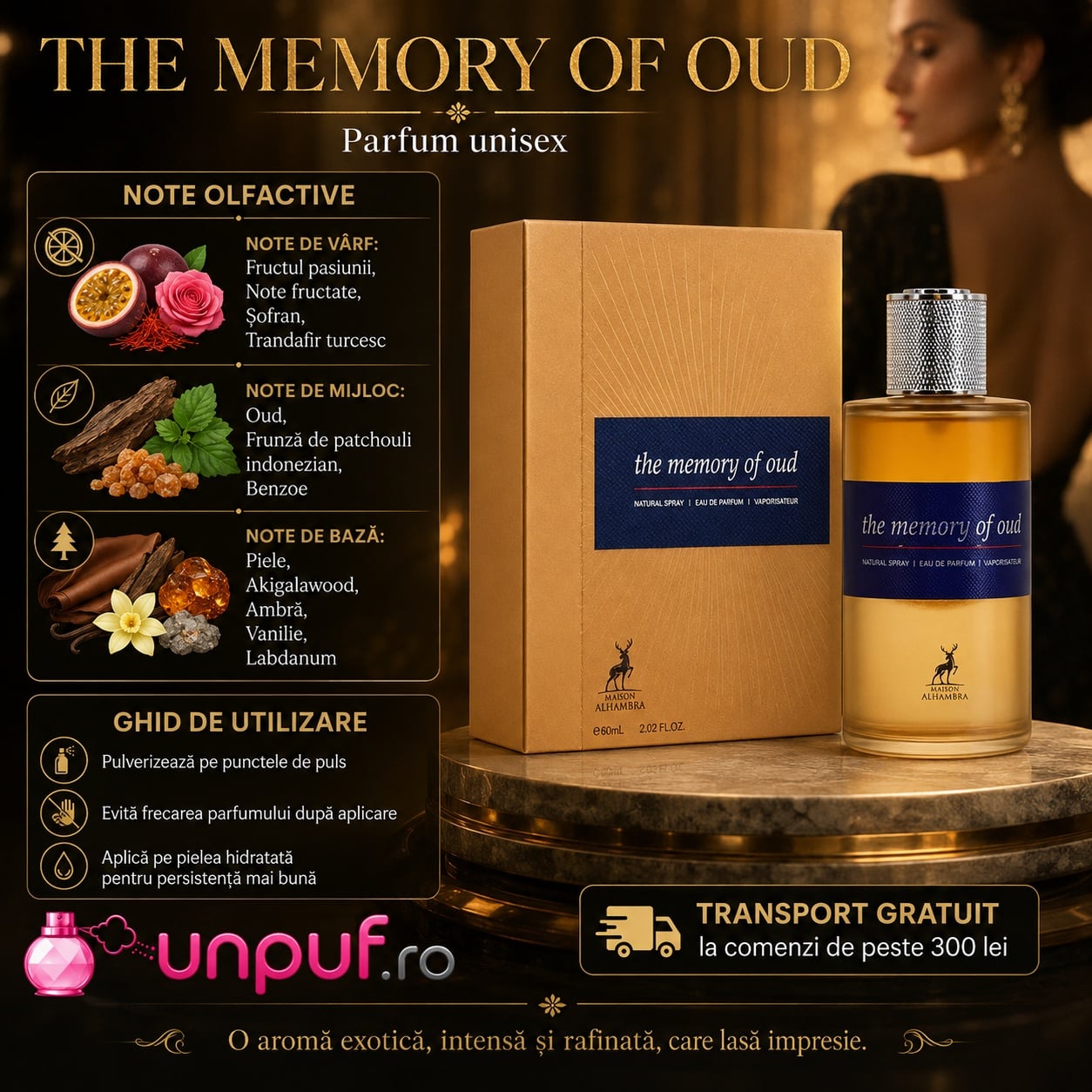 Prezentare parfum Alhambra The Memory Of Oud Maison Alhambra cu note olfactive și ghid de utilizare