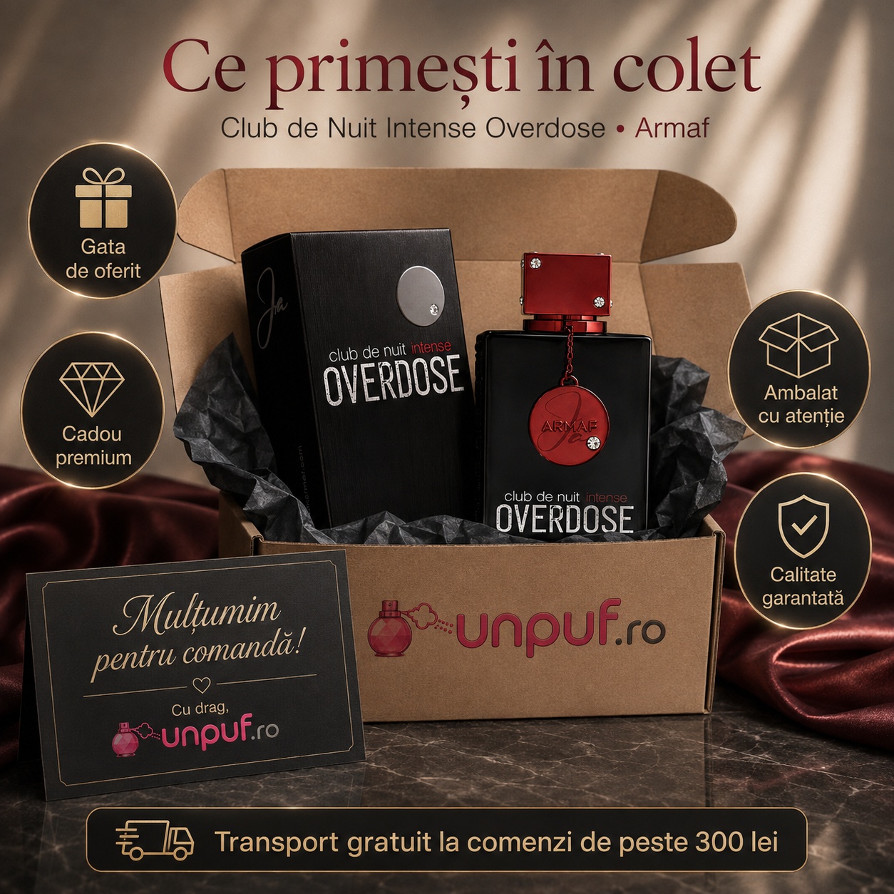 Ce primești în colet la parfumul Armaf Club de Nuit Overdose, ambalaj premium UnPuf.ro