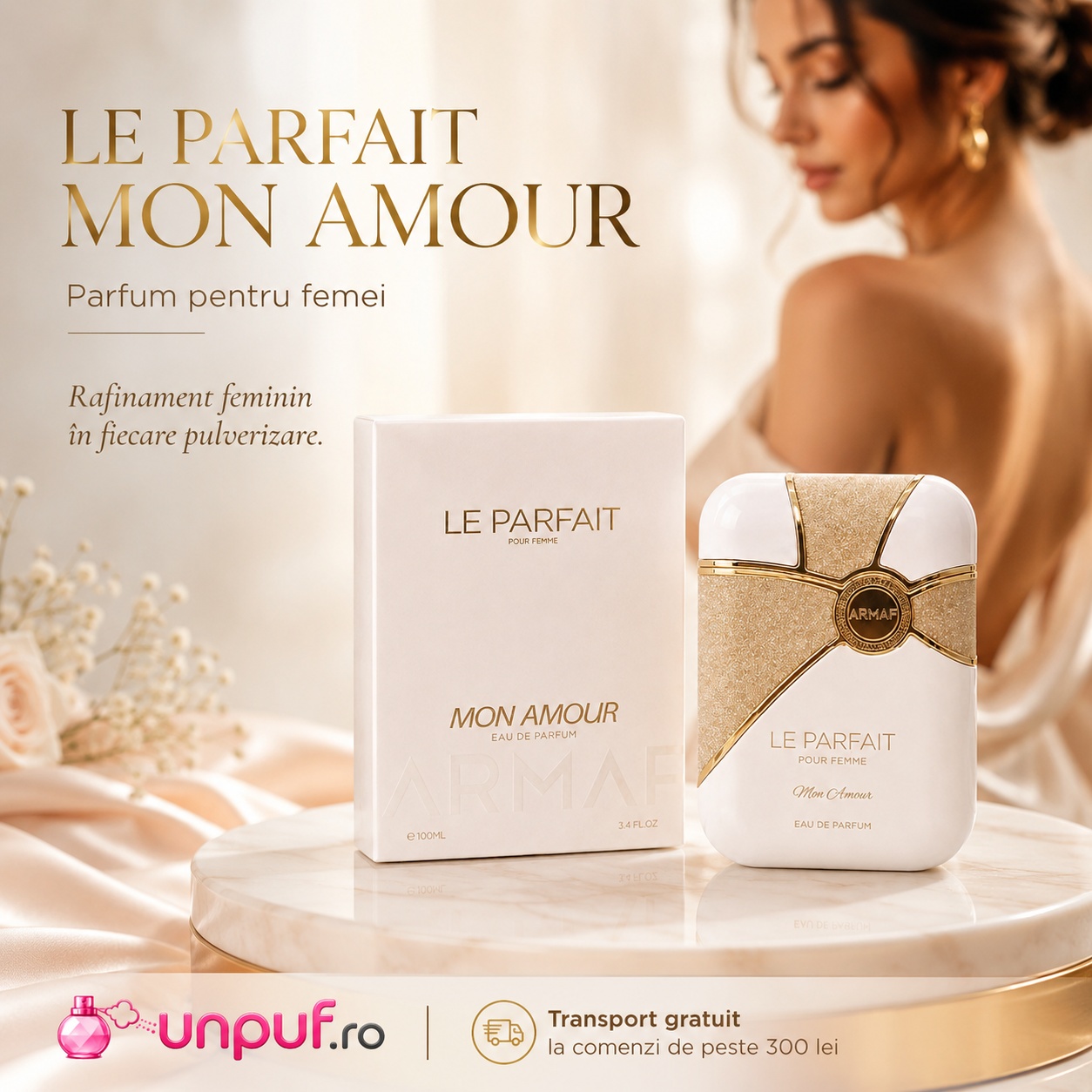 Armaf Le Parfait Pour Femme Mon Amour parfum feminin cu flacon alb auriu, cutie premium și rafinament &icirc;n fiecare pulverizare
