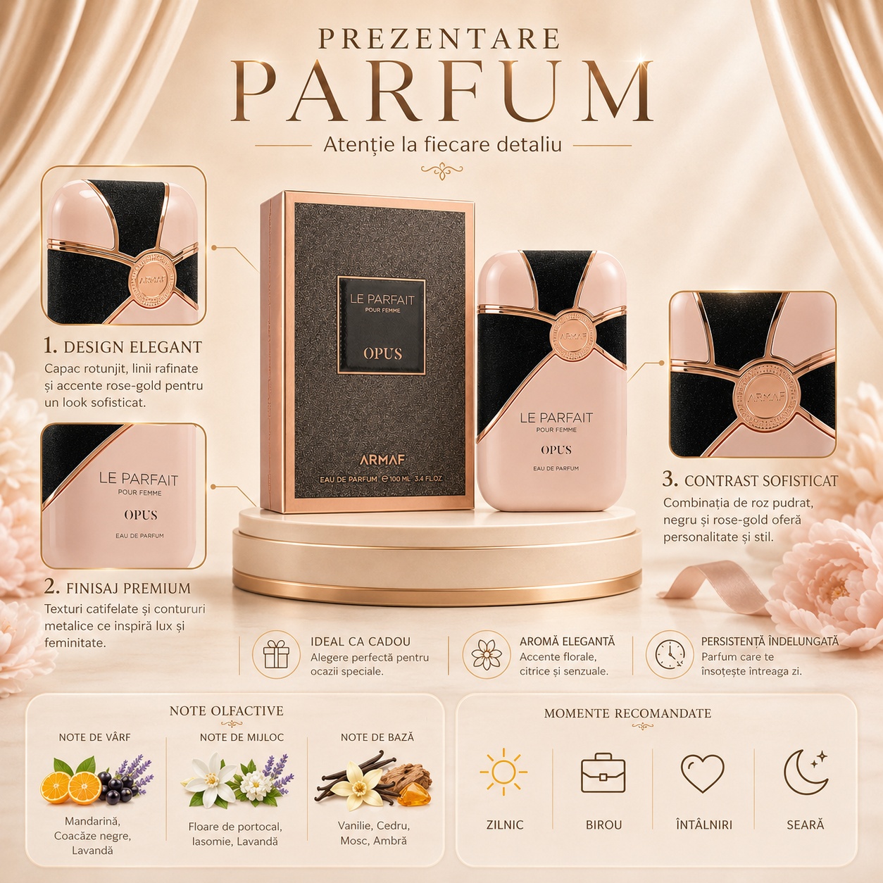 Prezentare Parfum Arăbesc Armaf Le Parfait Pour Femme Opus cu note de mandarină, coacăze negre, lavandă, floare de portocal, iasomie, vanilie, cedru, mosc și ambră